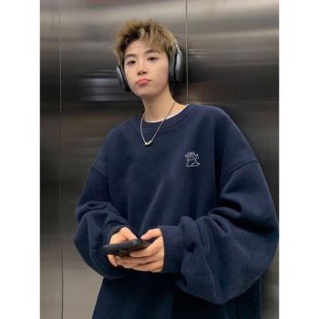 刺繡圓領衛衣男cityboy秋冬重磅港風寬松潮牌ins加絨加厚長袖上衣