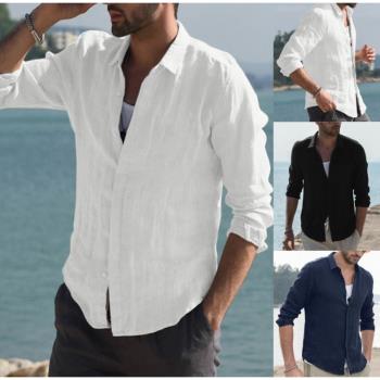 2022新款男士長袖棉麻襯衫歐美純色大碼休閑開衫襯衣潮Men Shirts