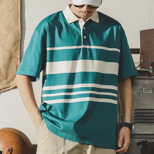 杰雷諾重磅Polo衫男短袖山系休閑美式復古條紋230g翻領T恤衫夏季
