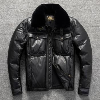 頭層牛皮真皮羽絨服大碼男士防風保暖簡約修身冬款外套潮