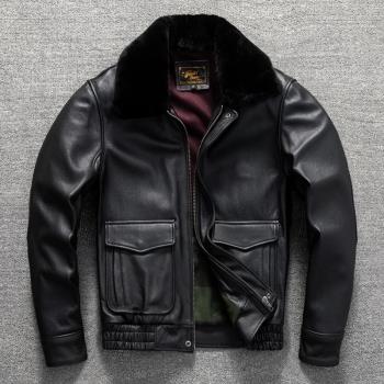 頭層牛皮真皮皮衣港風飛行服毛領休閑男士短款秋冬大碼外套