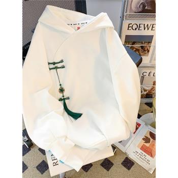 300斤大碼中國風設計感連帽衛衣男女春秋新款刺繡中國結新款上衣