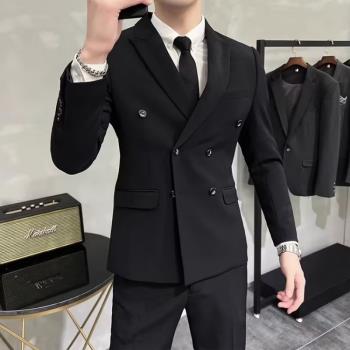 秋季雙排扣西裝外套男士高階感修身痞帥伴郎婚禮服時尚西服上衣潮