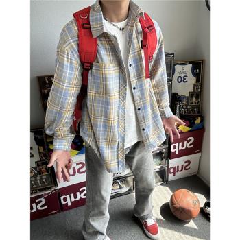 黃藍格子襯衫男高級感長袖cleanfit格紋襯衣vintage美式復古外套