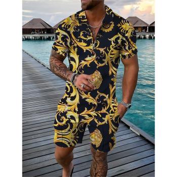 3D printed lapel casual shorts set3D印花翻領休閑短褲套裝男士