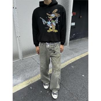 [Dao]復古塗鴉做舊潑墨伐木牛仔褲刺繡補丁直筒寬松休閑闊腿長褲