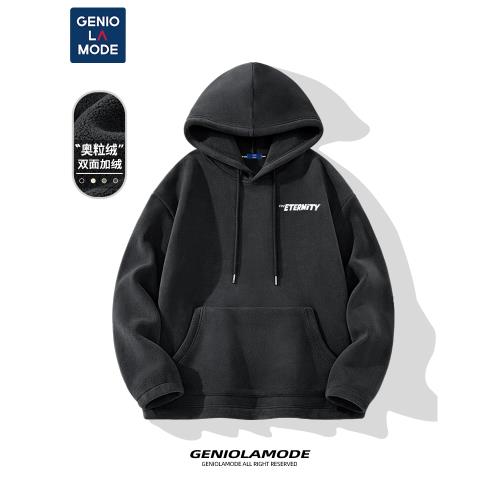 捷尼拉莫GENIOLAMODE搖粒絨衛衣男日系簡約套頭春季加絨連帽外套