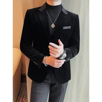 秋冬季燈芯絨西裝男加厚保暖休閑商務修身單西高階感條紋西服外套