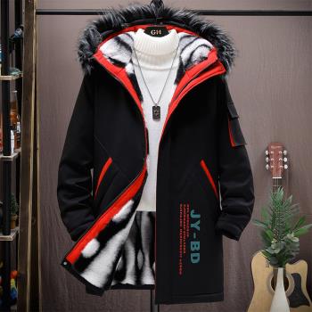 羽絨服男中長款冬季2024年新款青年潮流派克棉服男裝加絨加厚外套