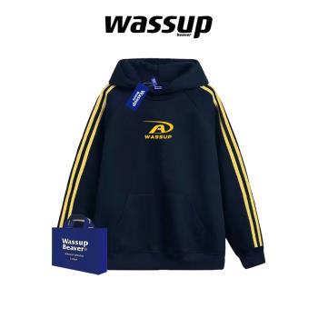 WASSUP BEAVER潮牌美式三條槓字母連帽衛衣男女秋冬情侶加絨外套