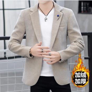 冬季加絨西裝男士水貂絨單西上衣韓版潮流修身外套男裝休閑小西服