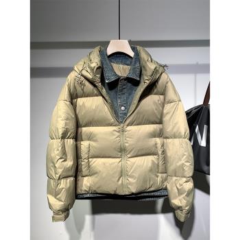 2024時尚潮牌個性牛仔拼色假兩件羽絨服男冬季寬松休閑連帽外套男