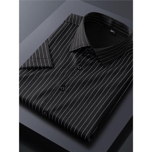 2025夏季薄款條紋襯衫男短袖商務休閑職業裝黑色襯衣半袖男裝免燙