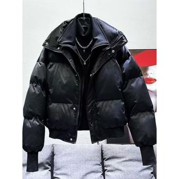 潮牌假兩件立領短款棉服外套男冬季加厚麵包服保暖痞帥黑色羽絨服