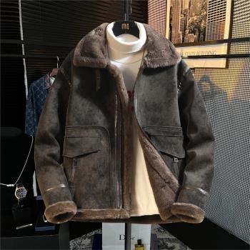 冬季皮毛一體男外套加絨加厚麂皮絨羊羔毛復古機車服飛行夾克皮衣
