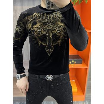 圓領秋季新款男士高品質金絲絨長袖衛衣個性燙鉆氣質修身顯瘦上衣