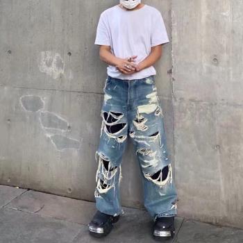 潮牌手工男女拉絲做舊乞丐牛仔褲