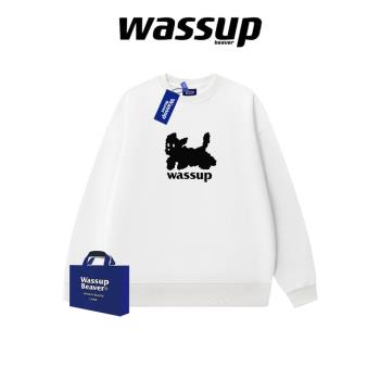 WASSUP BEAVER美式圓領衛衣秋冬季男女小狗印花加絨寬松情侶外套