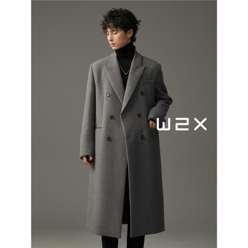 w2x冬季加棉重磅加厚槍駁領韓版長款毛呢大衣男中長款妮子外套潮
