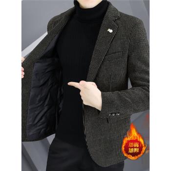 男士條紋西服秋冬季高階感呢子單西外套男韓版修身加厚毛呢小西裝