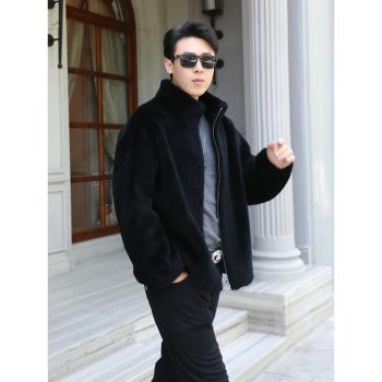 2024款男士皮草羊羔絨外套羊羔毛皮毛一體短款羊剪絨100%羊毛大衣
