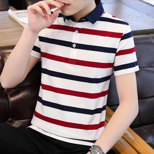 短袖POLO衫男士夏季條紋翻領上衣中青年半袖帶領t恤絲光棉保羅衫T