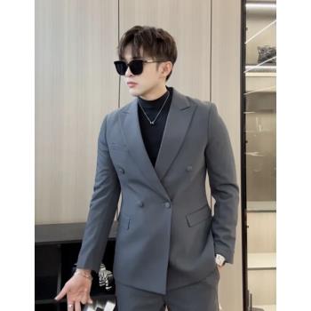韓版雙排扣西服外套男士修身休閑高階感輕奢型男小西裝單外套