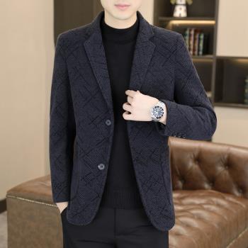 羅蒙2024新款秋冬款提花毛呢西裝外套金貂絨加厚保暖休閑西服男潮