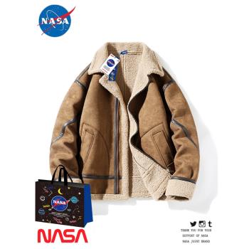 NASA聯名麂皮絨美式翻領夾克外套男士春秋季加厚新款顆粒絨棉衣男