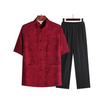爸爸夏裝短袖唐裝中老年男休閑上衣老年人衣服60歲70爺爺冰絲套裝