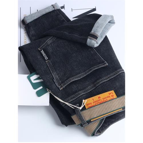 古士狼G6310冬季磨毛厚款牛仔褲男刺繡柔軟韓版合體直筒長褲中腰