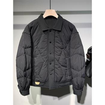 冬季日系潮流拼接假兩件翻領羽絨服男冬季純色寬松白鴨絨外套男
