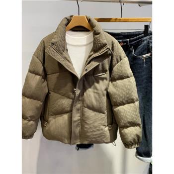 冬季羽絨服男潮牌肌理感立領加厚白鴨絨外套韓版短款保暖麵包服潮
