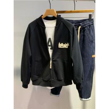 冬季男士加絨立領寬松外套潮流時尚簡約字母刺繡百搭開衫款夾克潮