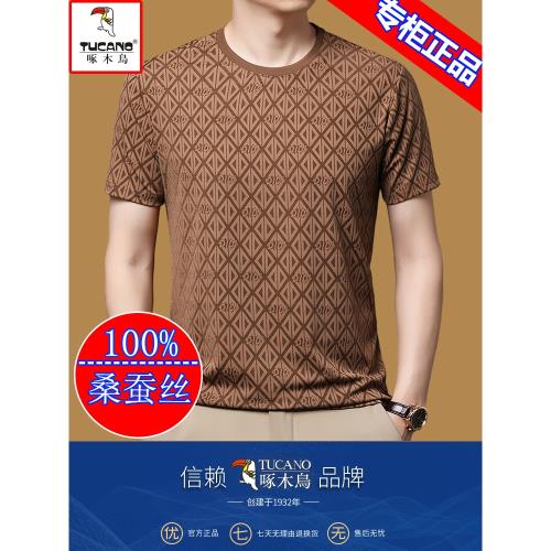 啄木鳥冰絲短袖t恤男圓領2024新款夏季桑蠶絲半袖上衣男士打底衫T