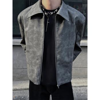 cleanfit麂皮絨短款外套男美式復古機車服高級感暈染飛行員皮夾克