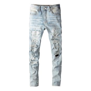 Mens casual ripped skinny jeans歐美潮男士休閑破洞緊身牛仔褲