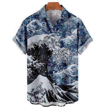 Simple 3D printed short-sleeved shirt簡約3D印花短袖襯衫男士