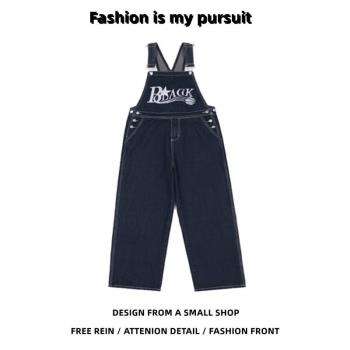 美式復古刺繡工裝牛仔背帶褲男生潮流潮牌痞帥休閑嘻哈情侶吊帶褲