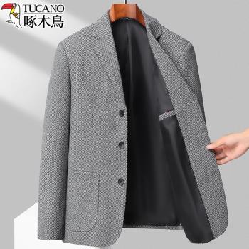 啄木鳥羊毛西服春季毛呢男士商務休閑單西外套中年爸爸修身西裝男
