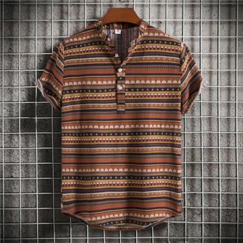 男式立領條紋短袖襯衫民族風寬松大碼襯衣Men Large Short Sleeve
