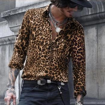男士襯衫豹紋印花長袖休閑襯衫 Mens Long Sleeve Casual Shirts