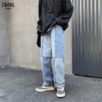 korean style teen patchwork jeans韓版男生撞 色拼接闊腿牛仔褲