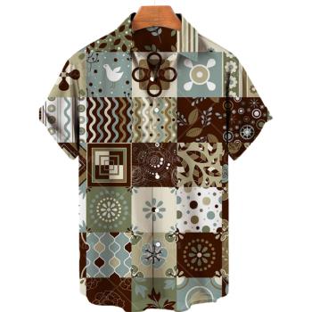 3D geometric lapel short-sleeved shirt復古3D幾何翻領短袖襯衣