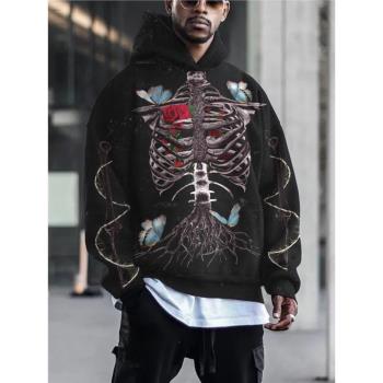 3D skeleton loose hooded hoodie 3D骷髏寬松長袖連帽衛衣男女