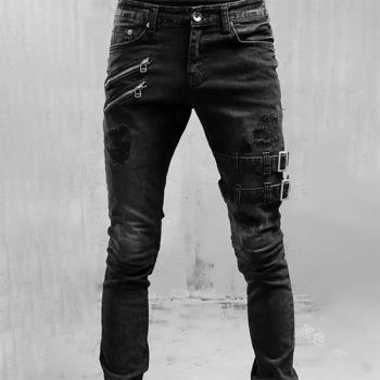 Jeans男士朋克拉鏈牛仔長褲機車