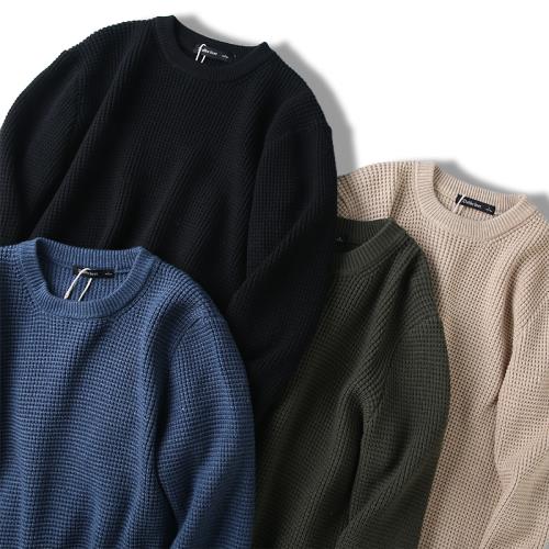 3D立體針織面料！秋冬男士外貿小鐵牌針織衫圓領套頭華夫格毛衣潮