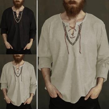 Mens shirts 歐美男裝寬松純色抽繩長袖襯衫立領男士襯衣
