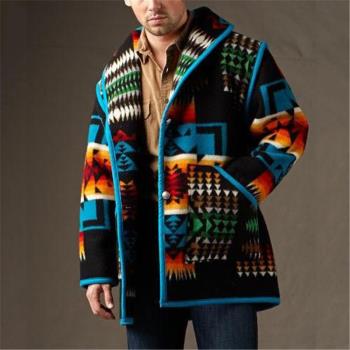 歐美時尚印花寬松休閑長袖外套中長毛呢大衣男Mens woolen coat