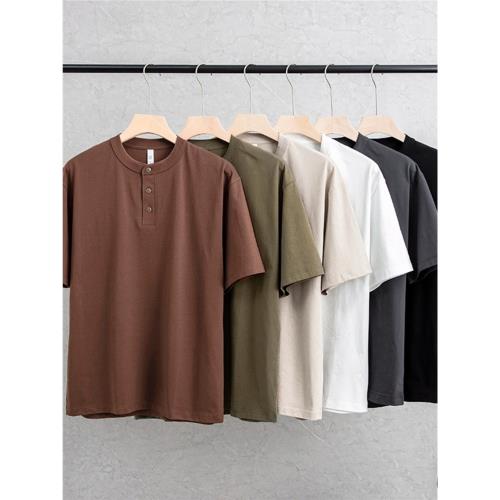 美式休閑！重磅水洗棉！外貿男裝夏季亨利領純色簡約寬松短袖T恤